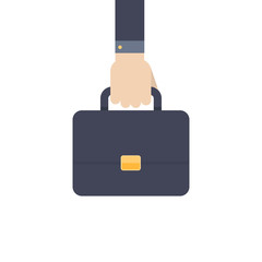 Hand holding briefcase. Flat style. Vector illustration business concept design isolated on white background.
