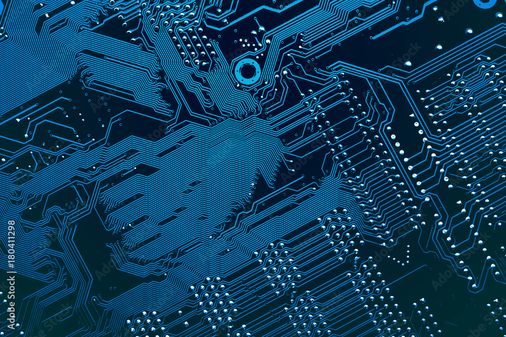 Wall mural Circuit board. Electronic computer hardware technology. Motherboard digital chip. Tech science background. Integrated communication processor. Information engineering component.