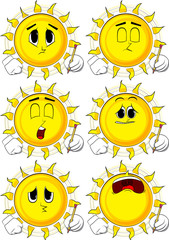Cartoon sun writing with pencil. Collection with angry faces. Expressions vector set.