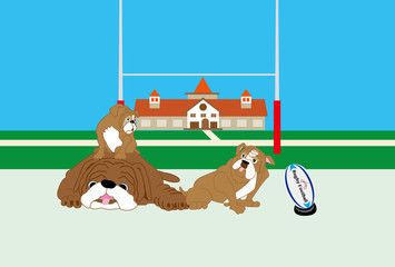 ラグビーボールとかわいい犬のイラスト年賀状テンプレート戌年２０１８