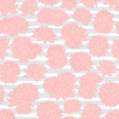 Hand drawn vector pink lilies seamless pattern on gray stripped background. Vintage floral design.