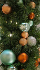 Tree decoration balls and garland close-up, vertical positioning