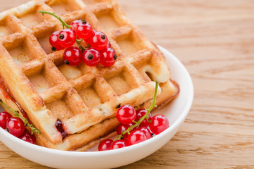 wafers with red berries in a white plate/wafers with red berries in a white plate. Close up
