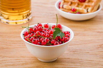 white bowl from red currant with pastries and tea/white bowl from red currant with pastries and tea. Selective focus