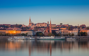 Budapest, Hungary - Sunrise view of Buda side of Budapest with the Buda Castle, St. Matthias church...