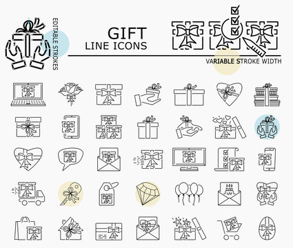 Gift line icons with minimal nodes and editable stroke width and style