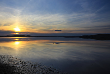 Naklejka premium закат, озеро, отражение, лето, отражение в озере, небо, солончак