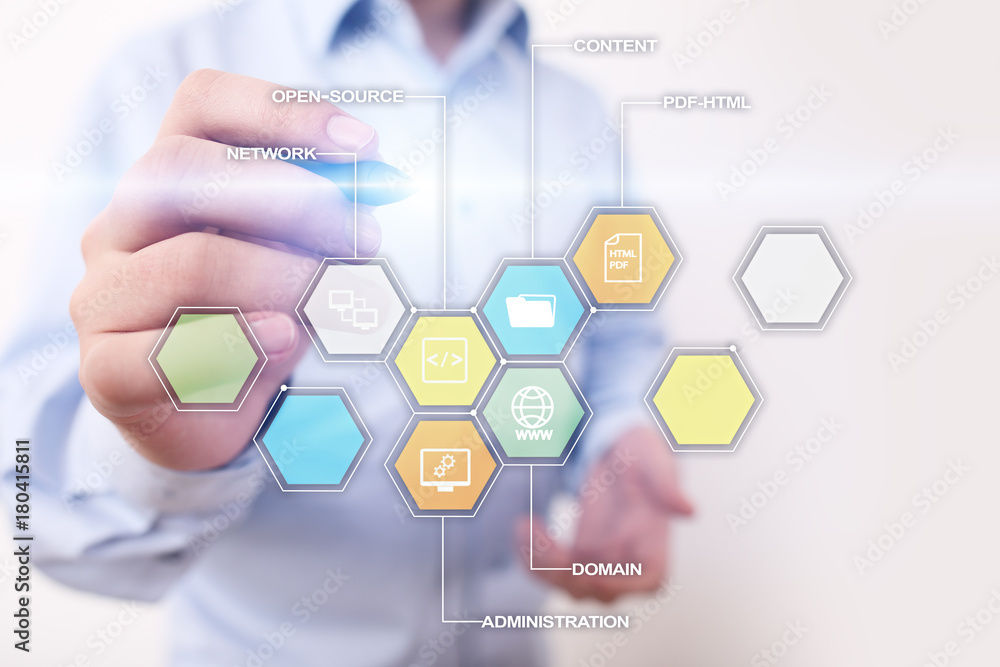 Sticker cms. content management system applications icons on virtual screen. business, internet and technolo