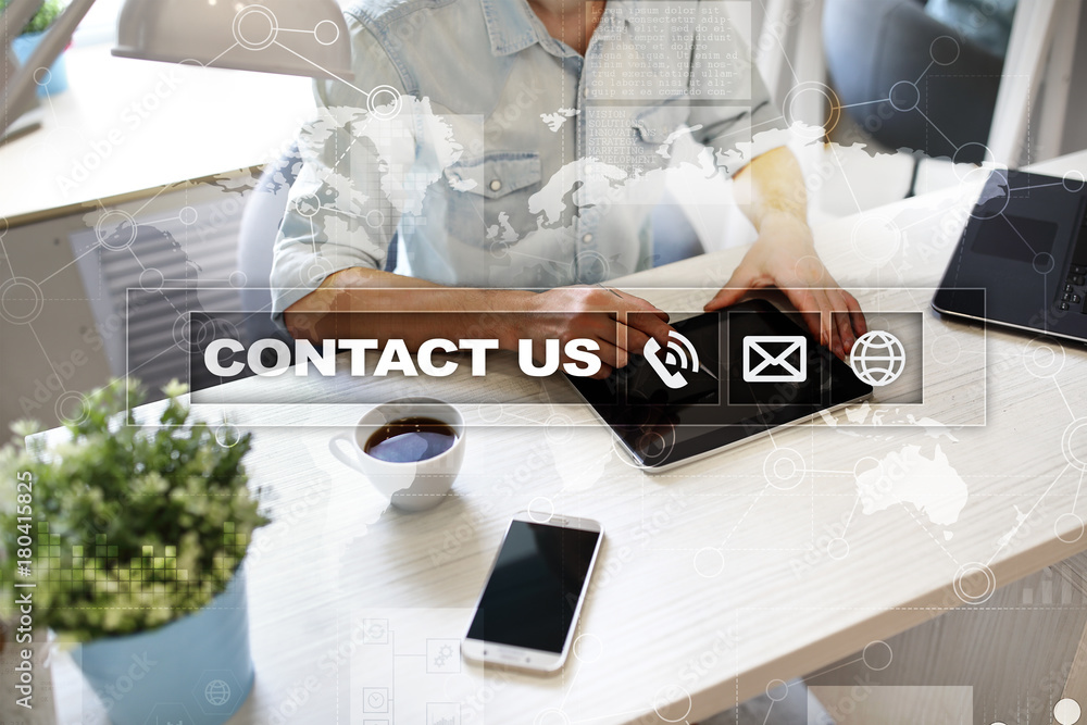 Poster contact us button and text on virtual screen. business and technology concept.