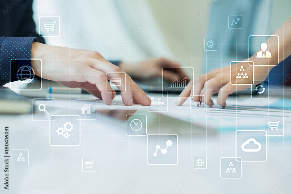 Poster virtual screen interface with applications icons. apps. work business process in modern office. stra