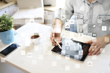 Virtual screen interface with applications icons. APPS. Work Business process in modern office. Strategy planning  Internet technology concept.