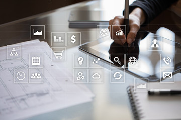 Virtual screen interface with applications icons. APPS. Work Business process in modern office. Strategy planning  Internet technology concept.