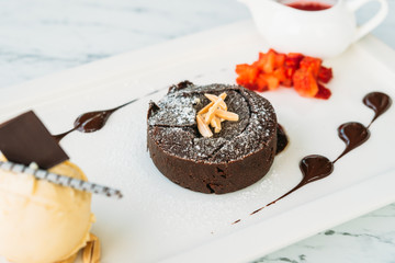 Sweet dessert with chocolate lava cake and ice cream