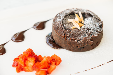 Sweet dessert with chocolate lava cake and ice cream