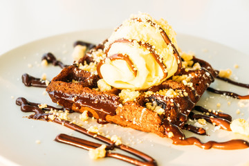 Sweet dessert Chocolate waffle with ice cream