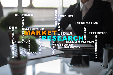 Market research words cloud on the virtual screen.