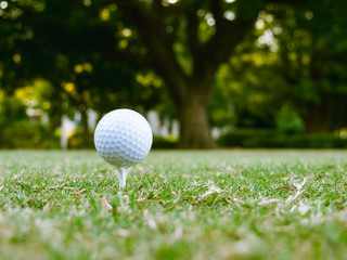 Golf ball on tee on golf course. Golf is a sport to play on the turf