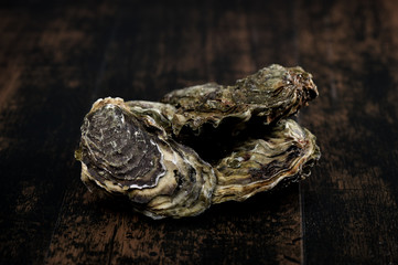 Raw oysters on the wooden table, background