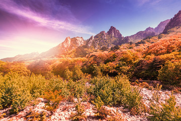 Sunset time. Beautiful mountain landscape in the national park of Soraksan, South Korea