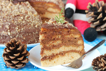 Delicious layered Christmas cake with chocolate caramel cream
