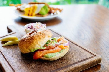 Bagel bread with smoked salmon meat and vegetable