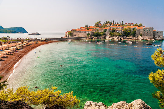 Sveti Stefan beach on the Adriatic Sea, Montenegro