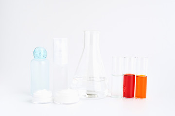 Ingredients of skin care products. the glass, Blank label package for mockup on white background. The concept of natural beauty products.