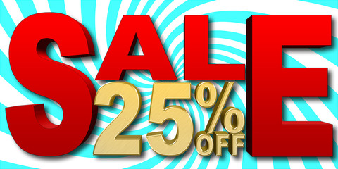 Stock Illustration - Golden 25 Percent Off, Red Sale, Blue and White Background, 3D Illustration.