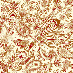 Abstract vintage pattern with decorative flowers, leaves and Paisley pattern in Oriental style.