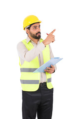 an engineer pointig up