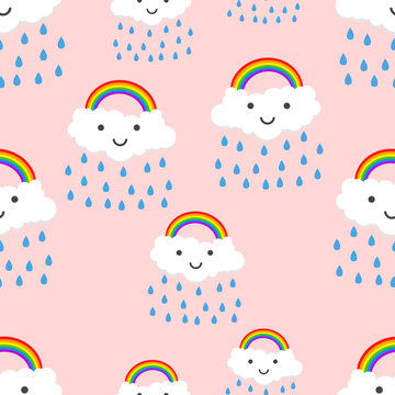 Happy rainbow emotion with clouds seamless pattern background icon. Business flat vector illustration. Rainbow sign symbol pattern. © Lysenko.A
