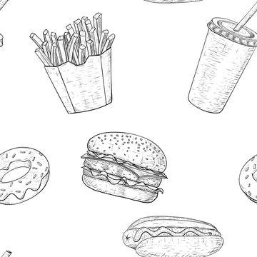 Fast food seamless pattern. Hand drawn sketch