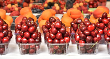 Harvest fruit. Berries on the table. Food market. Cherry macro.