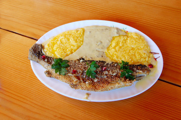 trout fried with banusz and mushroom soup