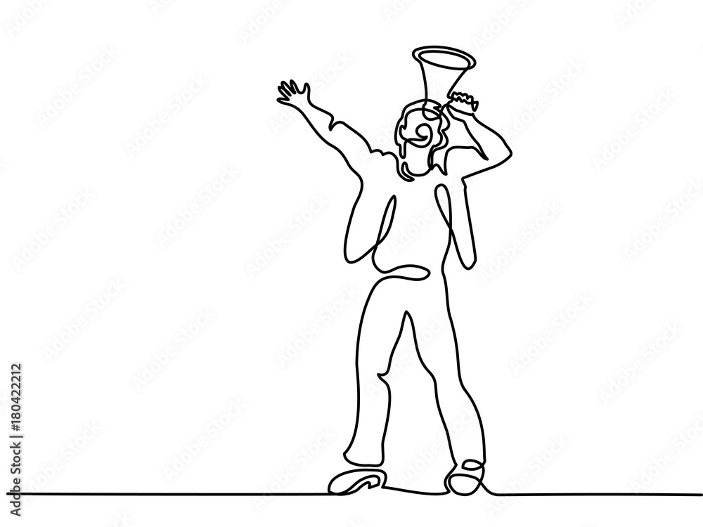 Wall mural continuous line drawing. man screaming at the sky with megaphone . vector illustration