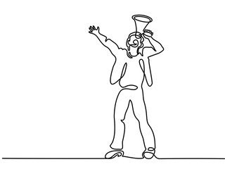 Continuous line drawing. Man screaming at the sky with megaphone . Vector illustration