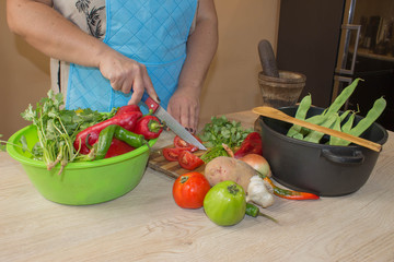Young Woman Cooking in the kitchen. Cropped image of young girl cutting vegetables for Food. Chef cuts the vegetables into a meal