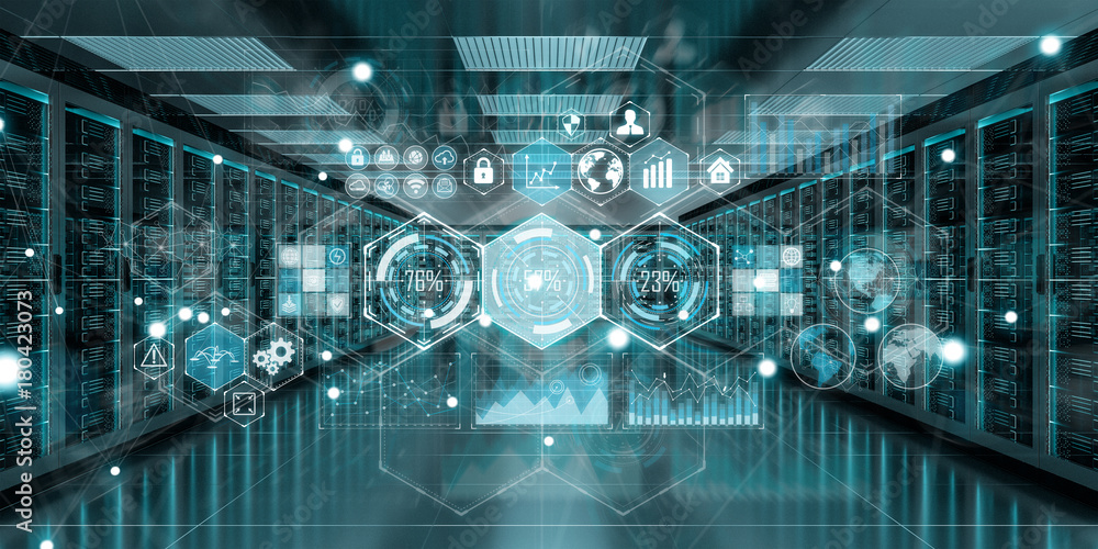 Fototapete graph holograms flying over server room data center 3d rendering