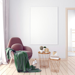 Modern interior with coffee table and chair. Poster mock up. 3d illustration.