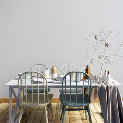 Mock up wall in interior with dining area. living room modern style. 3d illustration