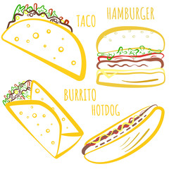 Cute fast food symbols with colored outline. Cartoon linear fastfood including hamburger, tacos, burrito, hot dog for fast food restaurant or cafe menu, advertisement, banners, stickers, logo design