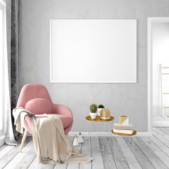 Modern interior with coffee table and chair. Poster mock up. 3d illustration.