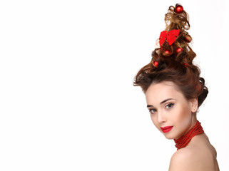 Beauty model hairstyle holiday background. Christmas and New Year celebration. Glamour lady