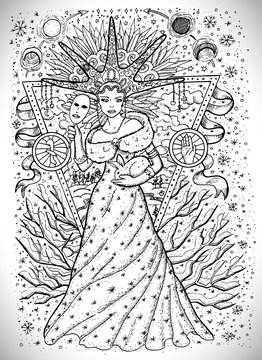 Feburary month graphic concept. Hand drawn engraved fantasy illustration. Beautiful queen of winter 