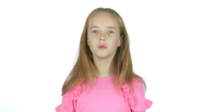 Child sends an air kiss. White background