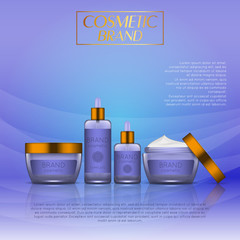 Vector 3D cosmetic illustration on a soft light waves background . Beauty realistic cosmetic product design template.