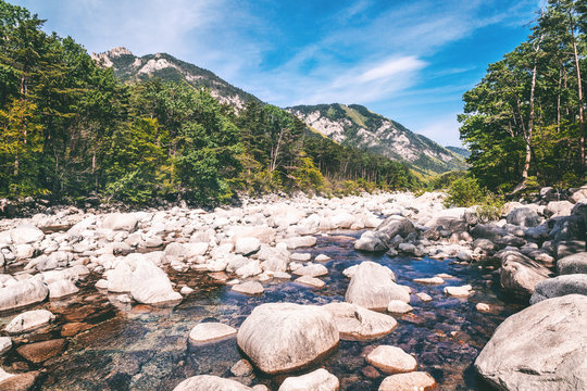 Mountain river in the national park of Seoraksan, beautiful bright landscape