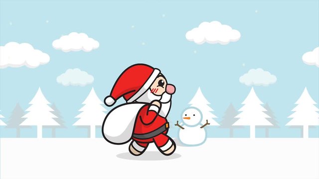 Christmas Santa Claus animation seamless loop. cartoon Santa Claus with gift bag walking in snow forest with winter landscape, snow falling, snowman at background. merry christmas footage background
