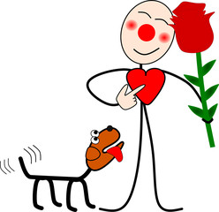 Strichmännchen mit Rose und Hund zum Valentinstag
