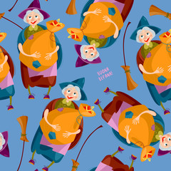 Befana. Old woman with bag of gifts and a broom. Italian Christmas tradition. Seamless background pattern.
